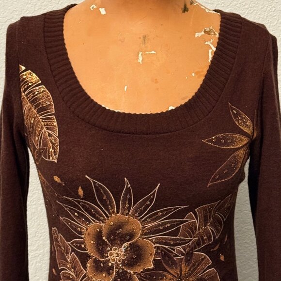 Viva You Top Womens Small Floral Print Baby Tee Shirt Vintage Y2K Sequins Glitte - Picture 2 of 7